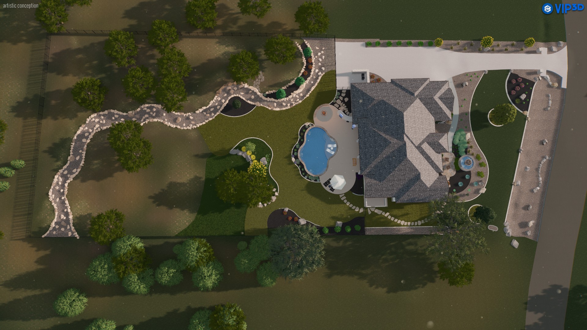 Top-down view of landscaping